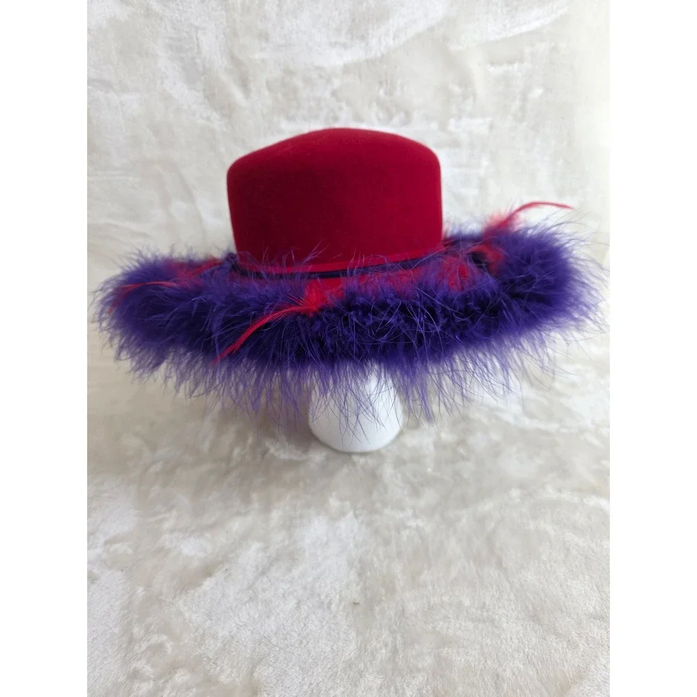 Something Special Red Wool Felt Hat Purple Feather Trim Red Hat‎ Society Cloche